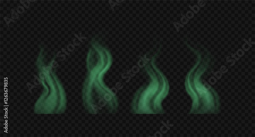 Realistic green toxic wavy smoke clouds. Set of vector illustration. Bad smelling steam, haze isolated on black transparent background