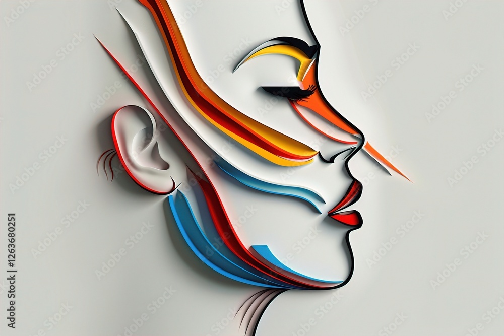 Naklejka premium A colorful, stylized profile of a female face, showcasing vibrant lines and curves creating a modern artistic effect. Bold Beauty Fusion, Creative Face Vibes