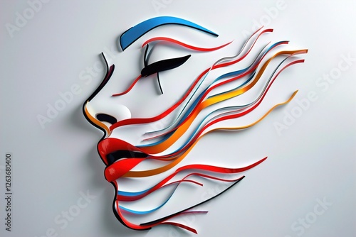 An abstract female face art piece featuring swirling colorful lines and bold lips, creating a vibrant and modern aesthetic. Bold Beauty Fusion, Creative Face Vibes