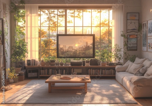 animated virtual backgrounds, stream overlay loop, living room interior at sunset cozy beige grey lo-fi, vtuber asset twitch zoom OBS screen, anime chill photo