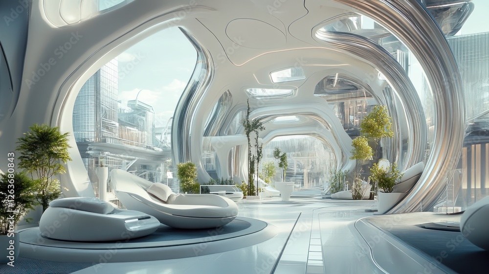 Fototapeta premium Futuristic Biophilic Interior Design: A Glimpse into Tomorrow's Architecture