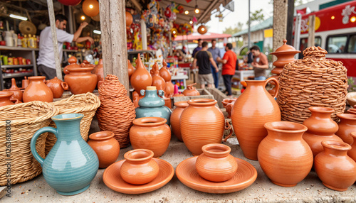 Vibrant clay pottery display at cultural festival booth, artistic expression photo