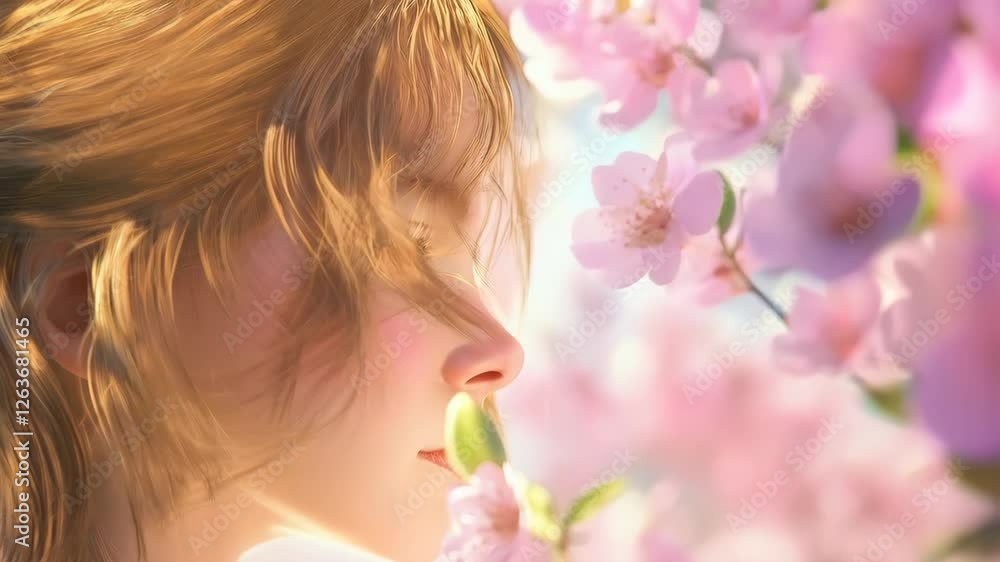 Dreamy springtime: girl embraced by blossoms in gentle breeze Dreamy springtime: girl embraced by blossoms in gentle breeze