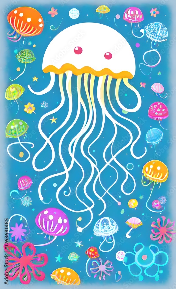 Fototapeta premium a jellyfish with many different colors and sizes of jellyfishs around it,