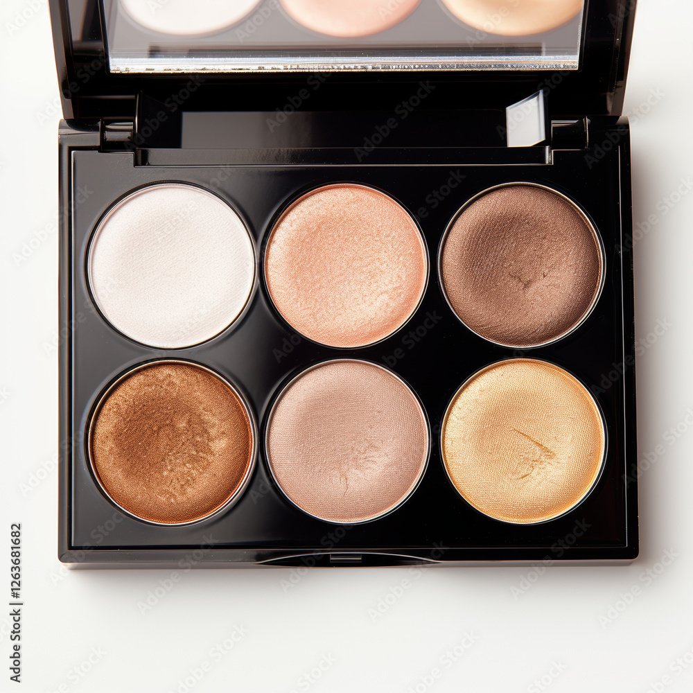 Fototapeta premium Highlighter palette with six shades, including white, pink, bronze, and gold. Perfect for enhancing makeup looks and adding radiant glow
