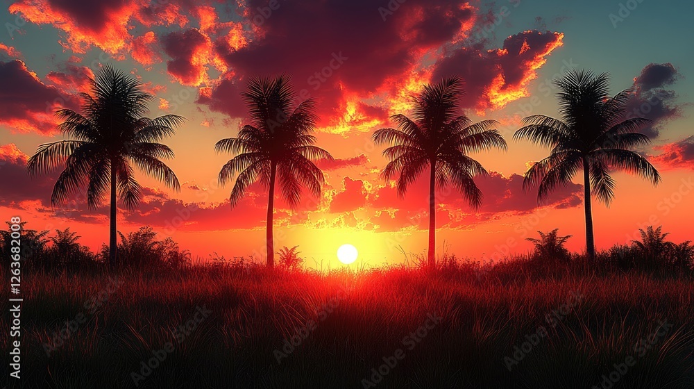 Obraz premium Tropical Sunset Palm Trees Landscape