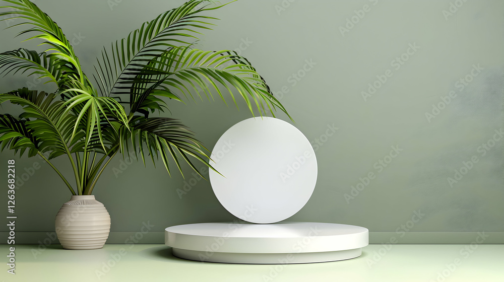 Minimalistic interior scene featuring a round display on a pedestal with greenery in the background Minimalistic interior scene featuring a round display on a pedestal with greenery in the background