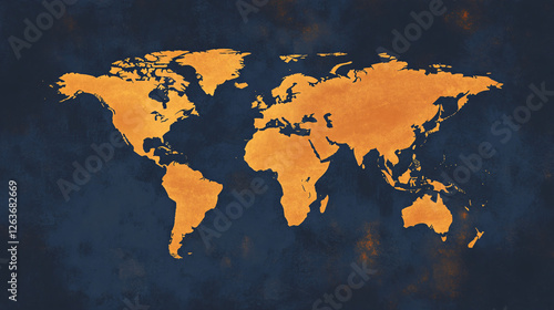 Fototapeta Naklejka Na Ścianę i Meble -  A glowing orange world map set against a dark blue textured background creating a bold contrast and vintage artistic appearance

