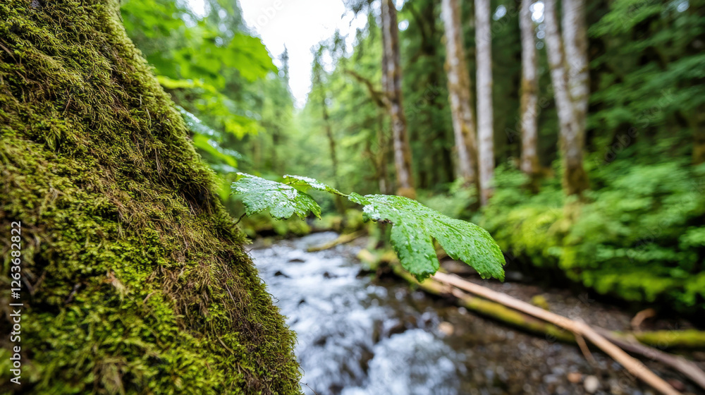 Scenic Forest Stream with Lush Greenery and Mossy Tree Bark, Serene Nature Landscape in a Tranquil Wilderness Setting Rich in Biodiversity Scenic Forest Stream with Lush Greenery and Mossy Tree Bark, Serene Nature Landscape in a Tranquil Wilderness Setting Rich in Biodiversity