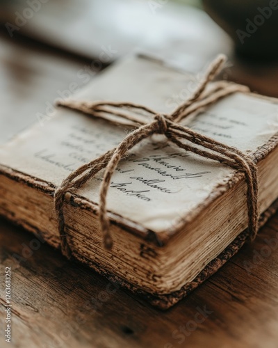 An old handwritten book tied with twine rests on a wooden surface, evoking a sense of history, nostalgia, and mystery