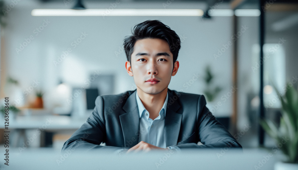 Professional businessman sitting at a desk in a modern office, looking confidently at the camera Professional businessman sitting at a desk in a modern office, looking confidently at the camera