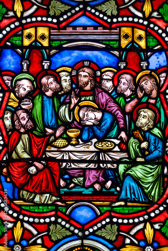 Obraz premium La Cène, Stained glass (19th century) of Last supper of Jesus-Christ. .