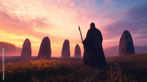 A cloaked druid with a staff walks through ancient standing stones at dawn, surrounded by mist and mystery