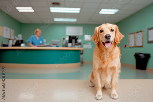 Golden Retriever in Veterinary Clinic Reception Area