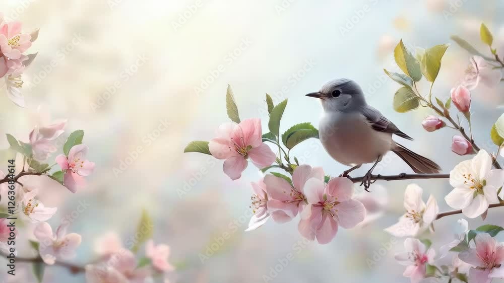 Bird perched on blossoming branch in tranquil spring setting Bird perched on blossoming branch in tranquil spring setting