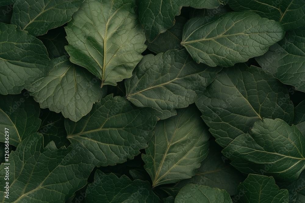 Fototapeta premium Lush green leaves of various shapes and sizes laid out in a natural arrangement on a dark surface