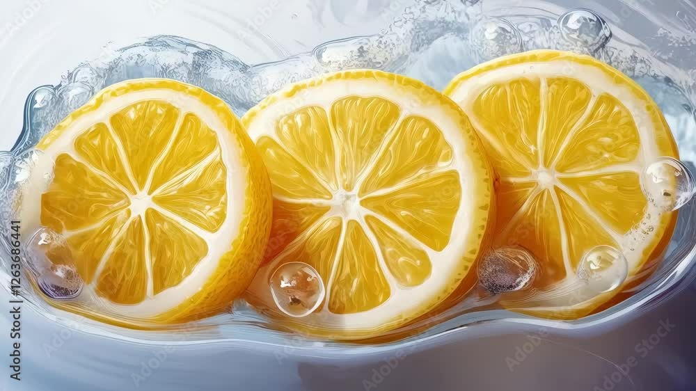 Fresh lemon slices plunging into splashing water with effervescent bubbles Fresh lemon slices plunging into splashing water with effervescent bubbles