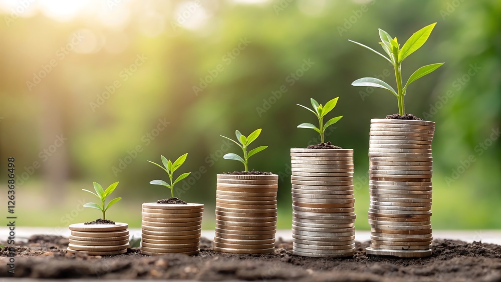Growth and Investment: A symbolic image depicting the power of investment and growth, with five growing plants sprouting from stacks of coins. Growth and Investment: A symbolic image depicting the power of investment and growth, with five growing plants sprouting from stacks of coins.