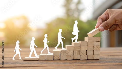 Ascending to Success:  A symbolic image of a hand carefully placing a figure onto the top step of a wooden staircase.