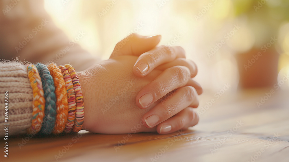 Naklejka premium Hands Together on Wooden Table Symbolizing Trust and Support
