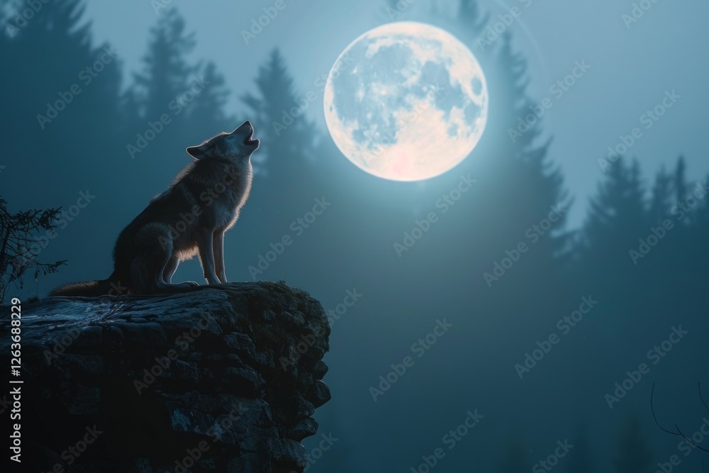 Silhouette of howling wolf against dark toned foggy background and full moon or Wolf in silhouette howling to the full moon. Neural network ai generated Silhouette of howling wolf against dark toned foggy background and full moon or Wolf in silhouette howling to the full moon. Neural network ai generated