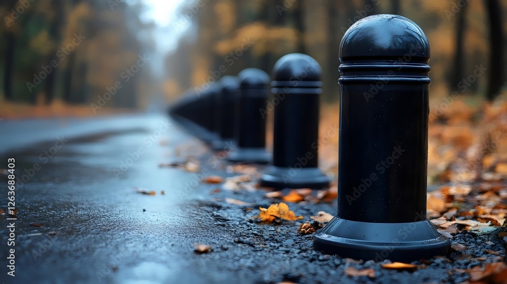 A black pole with a round top sits in the middle of a road A black pole with a round top sits in the middle of a road