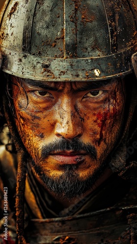 Fierce warrior a battlescarred samurai in a wartorn landscape photo