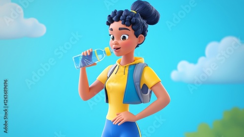 Woman Drinking Water A vibrant, modern 3D cartoon illustration.