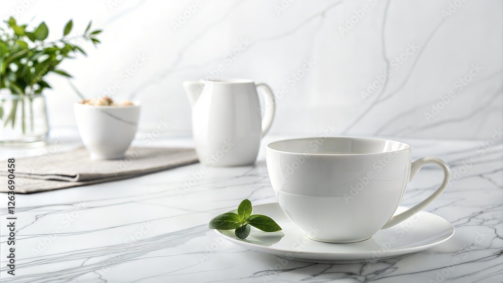 Minimalist table setting with a white cup, saucer, and pitcher on a marble countertop Minimalist table setting with a white cup, saucer, and pitcher on a marble countertop