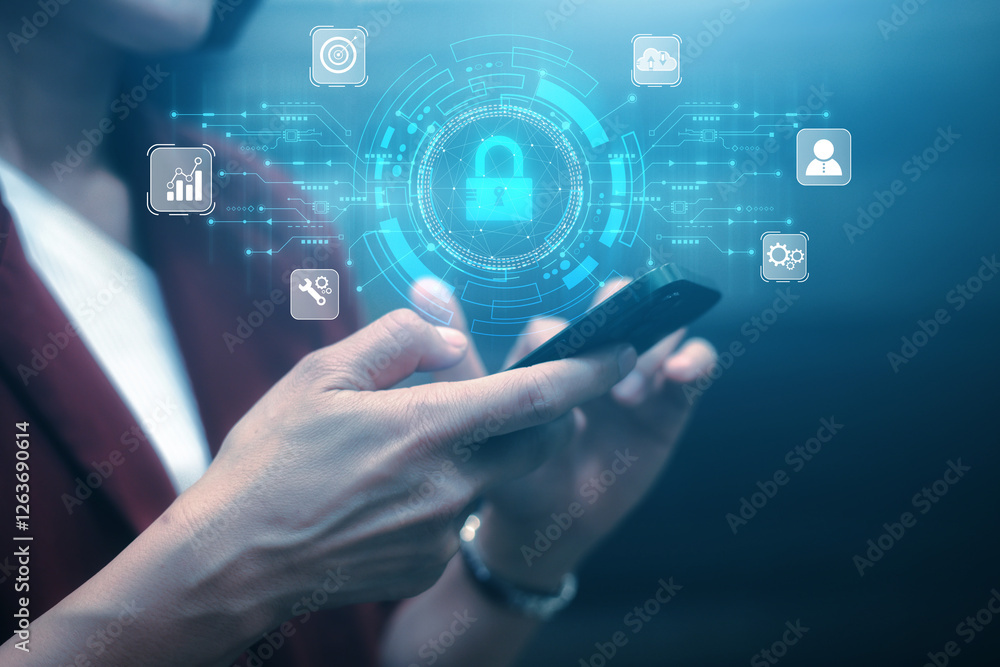 cybersecurity concept Business man shows how to protect cyber technology network from attack by hackers on the internet. Secure access to privacy through smartphones Meta protection. cybersecurity concept Business man shows how to protect cyber technology network from attack by hackers on the internet. Secure access to privacy through smartphones Meta protection.