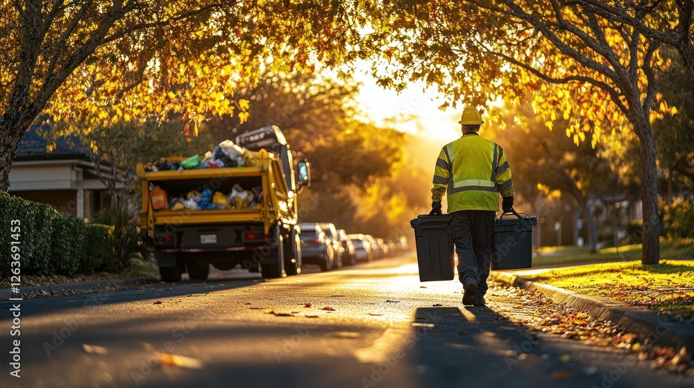 Obraz premium Autumn waste collection worker on city street
