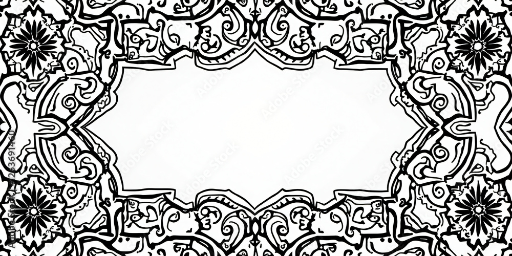 Obraz premium Geometric Islamic Motifs A high-detail black-and-white of geometric Islamic patterns, with a free area to add text, 4K