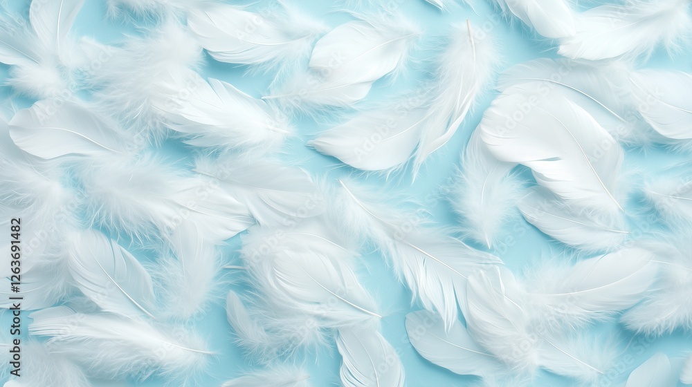 Fototapeta premium White feathers scattered on a light blue background create a soft and serene atmosphere for creative projects