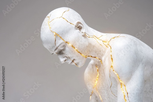 Human figure with glowing cracks symbolizing emotional wounds in minimalism