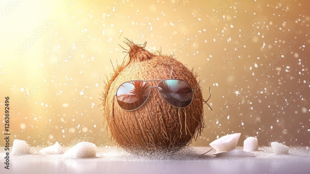 A whole coconut wearing reflective sunglasses, surrounded by sugar cubes, on a glowing golden background with falling particles, creating a unique tropical aesthetic. AI generated.