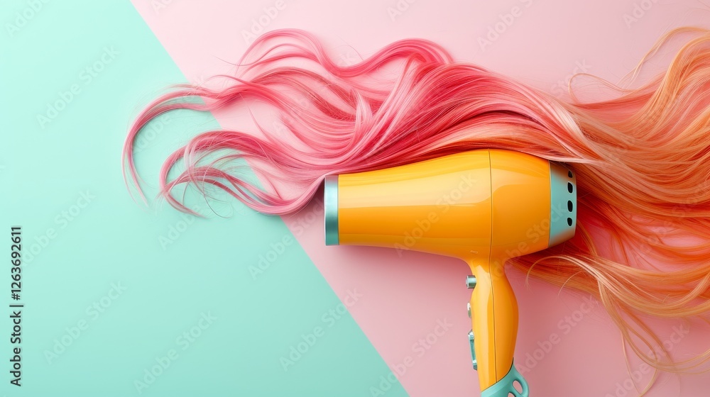 A colorful AI-generated conceptual image of a yellow hairdryer with pink hair flowing from it, set against a pastel split-tone background, blending surrealism and beauty. AI generated.