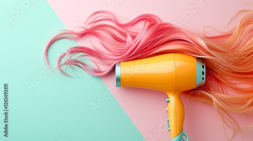 Obraz na płótnie A colorful AI-generated conceptual image of a yellow hairdryer with pink hair flowing from it, set against a pastel split-tone background, blending surrealism and beauty. AI generated. w salonie