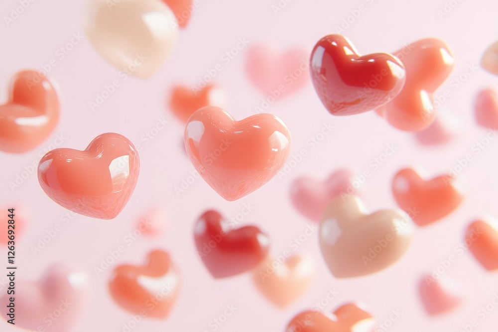 Vibrant red, pink, and gold floating hearts evoke a romantic vibe Vibrant red, pink, and gold floating hearts evoke a romantic vibe