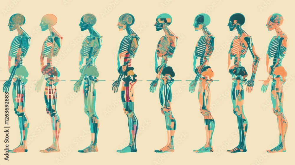 Detailed artistic illustration of skeletons in sequence, enhanced with vivid colors and layered patterns, blending science with creative aesthetics. AI generated.