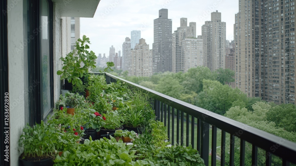 Fototapeta premium Lush green balcony garden filled with potted plants overlooks a city park and urban skyscraper skyline during the day.