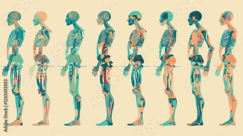 Obraz na płótnie Detailed artistic illustration of skeletons in sequence, enhanced with vivid colors and layered patterns, blending science with creative aesthetics. AI generated. w salonie