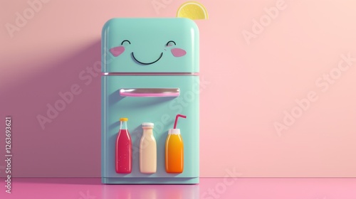 A retro-style refrigerator illustration with a smiling face and vibrant drink bottles attached, set against a pink background. Whimsical and lively. AI generated.