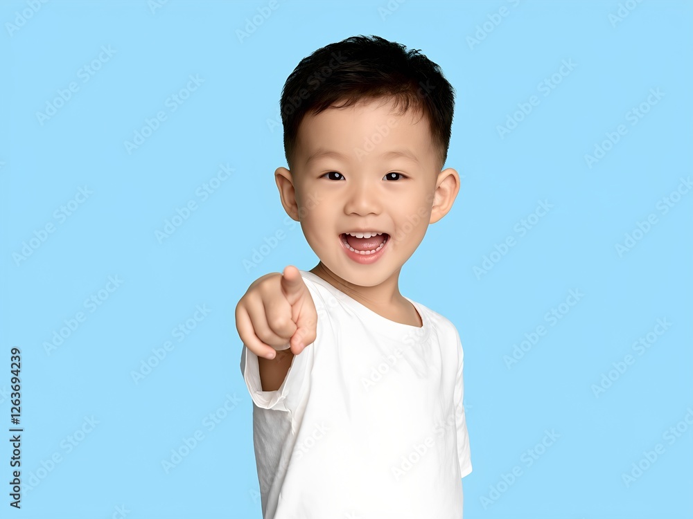 Happy 3-Year-Old Toddler Boy Pointing with Excitement, Solid Sky-Blue Background Happy 3-Year-Old Toddler Boy Pointing with Excitement, Solid Sky-Blue Background