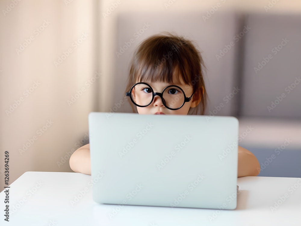 Smart 2-Year-Old Toddler Girl with Round Glasses Typing on Tiny Laptop, Serious Expression, Soft Blurred Home Office Background Smart 2-Year-Old Toddler Girl with Round Glasses Typing on Tiny Laptop, Serious Expression, Soft Blurred Home Office Background
