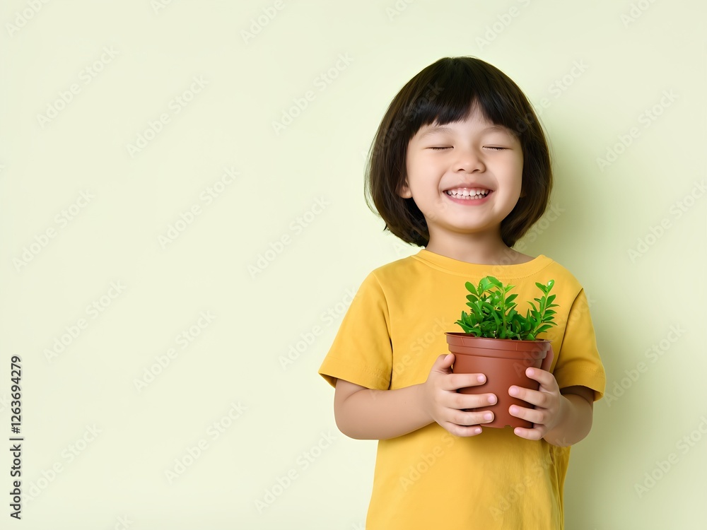 Smiling Toddler Holding Potted Plant, Promoting Sustainability and Green Living