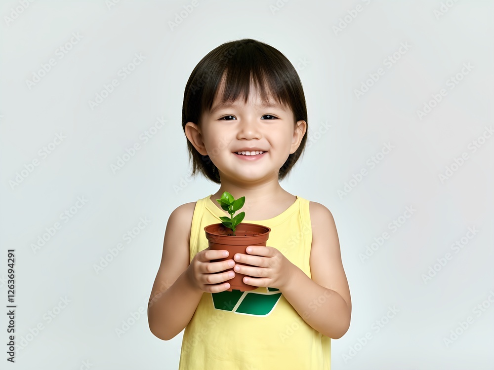 Cute 2-Year-Old Child Holding Plant, Environmental Awareness and Sustainability Concept Cute 2-Year-Old Child Holding Plant, Environmental Awareness and Sustainability Concept
