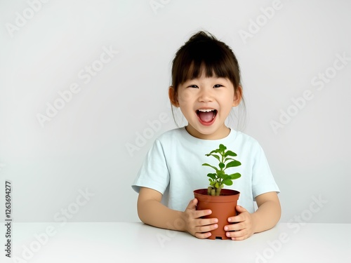 Adorable 2-Year-Old Child Holding Small Potted Plant with Big Smile, Sustainability and Environmental Care Concept