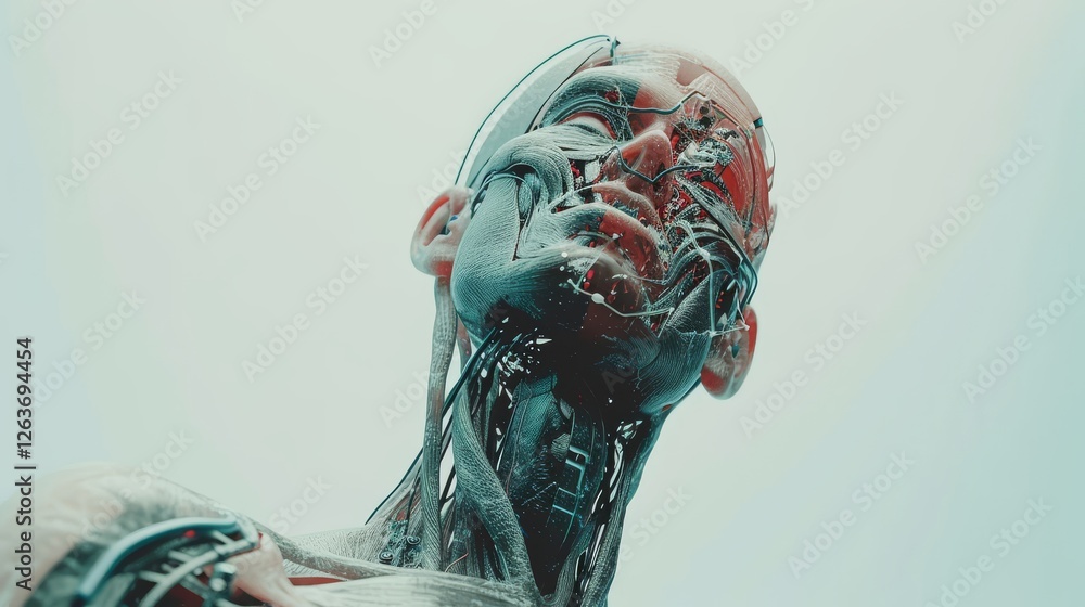 Close-up of a futuristic cyborg head showcasing intricate mechanical and organic details, with a blend of technology and anatomy. AI generated.
