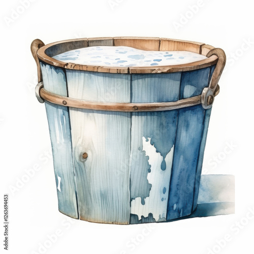 wooden bucket filled with water, featuring rustic design and blue tones. bucket has weathered appearance, showcasing its charm and character