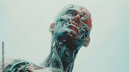 Obraz na płótnie Close-up of a futuristic cyborg head showcasing intricate mechanical and organic details, with a blend of technology and anatomy. AI generated. w salonie